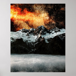 Brandend sterrenstelsel boven majestueuze bergen poster