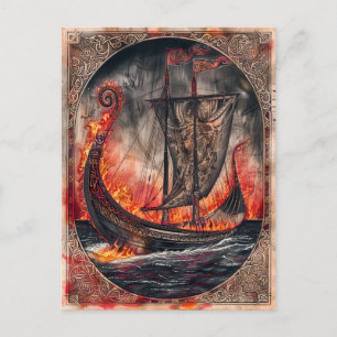 Brandend Vikingschip bij begrafenisritueel Feestdagenkaart
