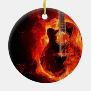 Brandende Gitaar, Oranje Vlammen Muziek Rock Band Keramisch Ornament