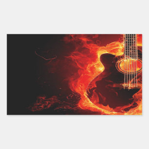 Brandende Gitaar, Oranje Vlammen Muziek Rock Band Rechthoekige Sticker
