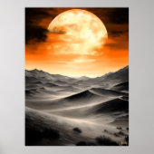 Brandende Maan Over Woestijnduinen - Monochroom Poster (Voorkant)