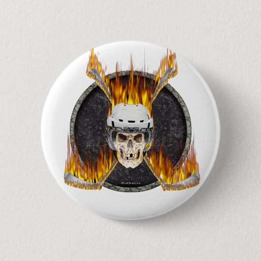 Brandende ockey-sticks ronde button 5,7 cm (Voorkant)