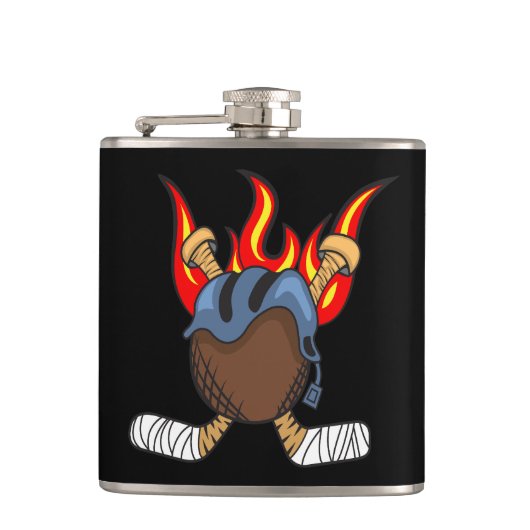 Brandende Puck en Hockey Sticks in vlammen, zwart Heupfles (Voorkant)