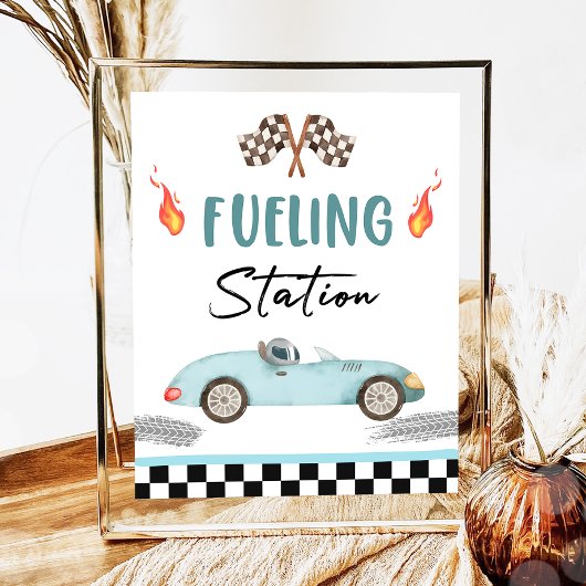 Brandstofstation Blauwe Race Auto Twee Snelle Verj Poster
