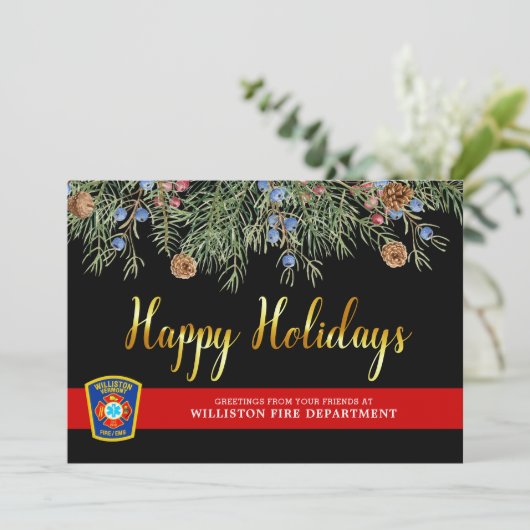 Brandweer met kerstmis met rode lijn feestdagenkaart (Staand voorkant)