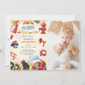 Brandweerauto Brandweerman 1e verjaardag Party Fot Kaart (Voorkant)