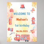 Brandweerauto Brandweerman 1e verjaardag welkomstb Poster (Voorkant)