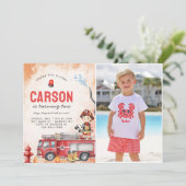 Brandweerauto Brandweerman 2e verjaardag Party Fot Kaart (Staand voorkant)