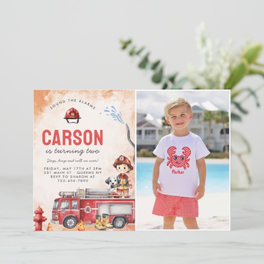 Brandweerauto Brandweerman 2e verjaardag Party Fot Kaart (Staand voorkant)