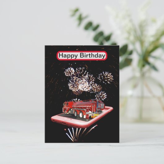 brandweerauto met vuurwerk, briefkaart (Staand voorkant)