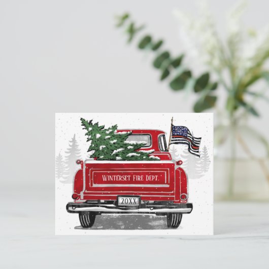 Brandweerboot met dunne rode lijn vlag rood vrach feestdagenkaart (Staand voorkant)