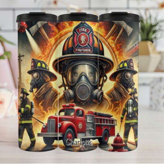 Brandweerlieden en brandweerwagen scene thermosbeker