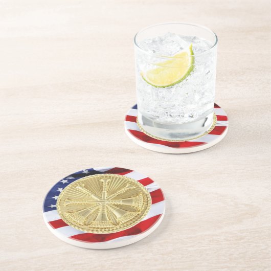 Brandweerman 4 Bugle Gold Medallion Zandsteen Onderzetter (Zijkant)