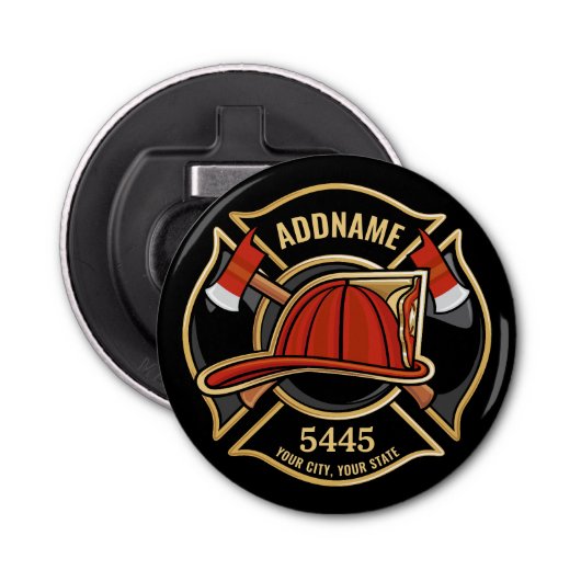 Brandweerman ADD NAME Brandweerpost Badge Button Flesopener (Voorkant)