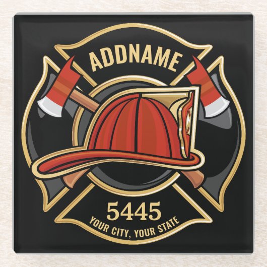 Brandweerman ADD NAME Brandweerpost Badge Glazen Onderzetter (Voorkant)