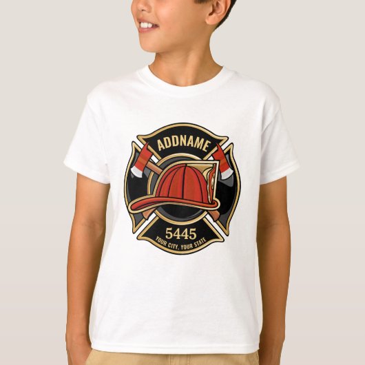 Brandweerman ADD NAME Brandweerpost Badge T-shirt (Voorkant)