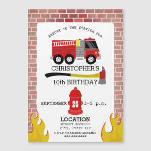 Brandweerman baksteen vlammen bijl hydrant verjaar magnetische uitnodiging