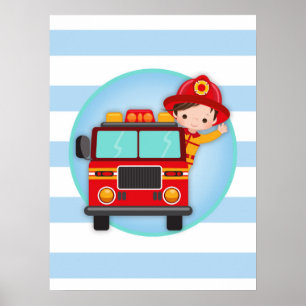 Brandweerman brandweerwagen bruin haar jongen poster