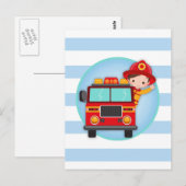 Brandweerman brandweerwagen bruin haar jongetje briefkaart (Voorkant / Achterkant)