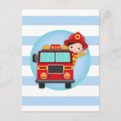Brandweerman brandweerwagen zwart haar jongetje briefkaart (Voorkant)