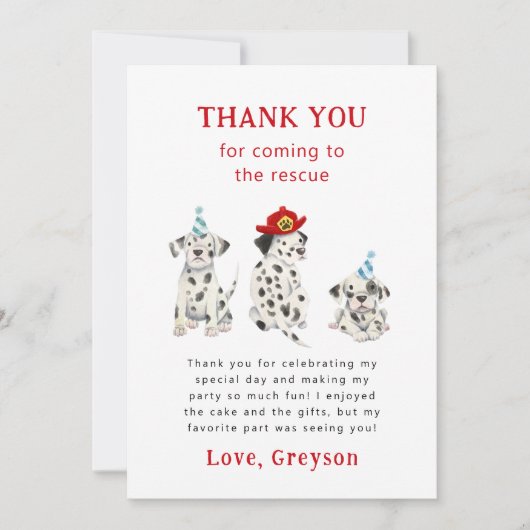 Brandweerman Dalmatiërs Jongen Verjaardagsfeestje Bedankkaart (Voorkant)