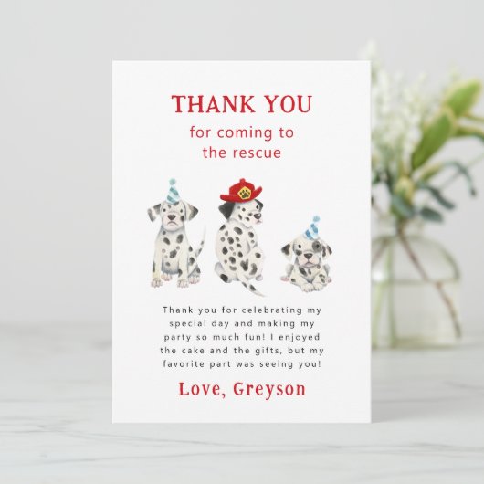 Brandweerman Dalmatiërs Jongen Verjaardagsfeestje Bedankkaart (Staand voorkant)
