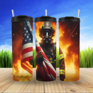 Brandweerman dapperheid Patriottische vlag ontwerp Thermosbeker