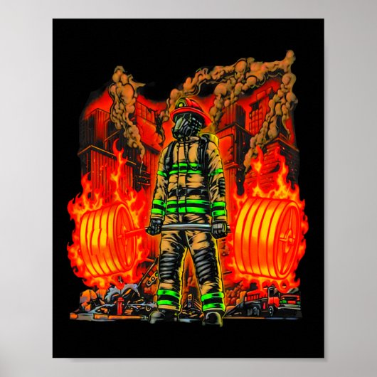 Brandweerman Deadlifting Workout Bodybuilding Fitn Poster (Voorkant)