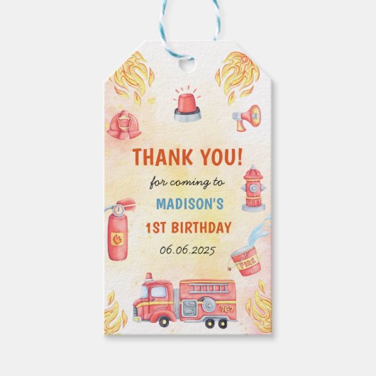 Brandweerman eerste verjaardagsfeest cadeaulabel (Voorkant)