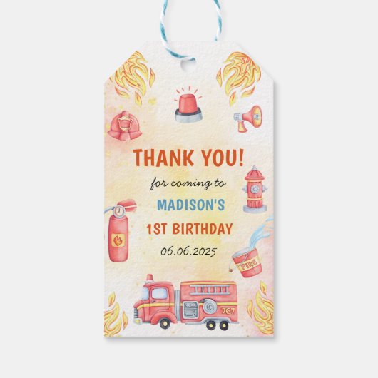 Brandweerman eerste verjaardagsfeest cadeaulabel (Achterkant)