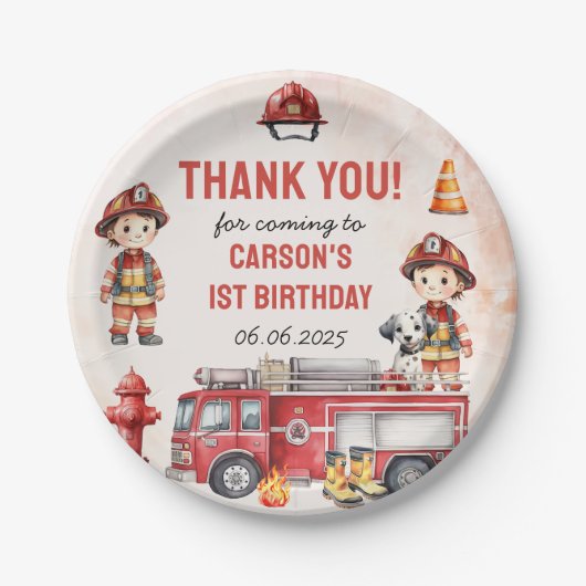 Brandweerman eerste verjaardagsfeest papieren bordje (Voorkant)