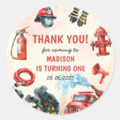 Brandweerman eerste verjaardagsfeest ronde sticker (Voorkant)