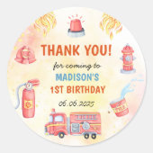 Brandweerman eerste verjaardagsfeest ronde sticker (Voorkant)