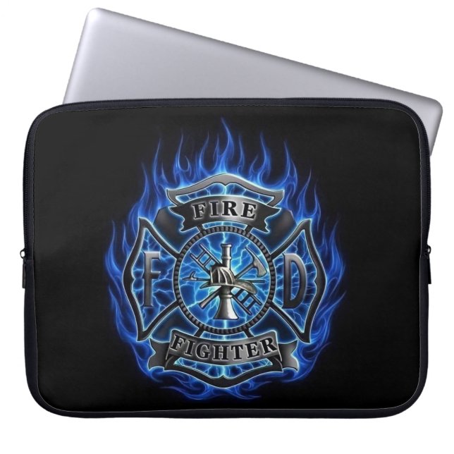 Brandweerman Embleem Laptoptas met Blauwe Vlammen Laptop Sleeve (Voorkant)
