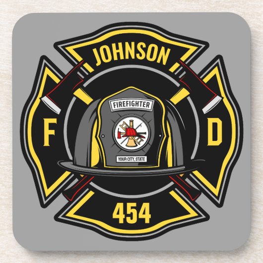 Brandweerman en brandweerteam van brandweerdienst bier onderzetter (Voorkant)