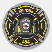 Brandweerman en brandweerteam van brandweerdienst ronde sticker (Voorkant)