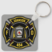 Brandweerman en brandweerteam van brandweerdienst sleutelhanger (Achterkant)