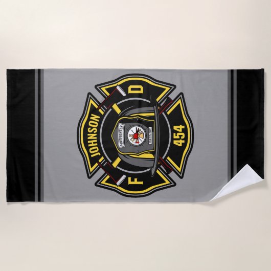 Brandweerman en brandweerteam van brandweerdienst strandlaken (Voorkant)