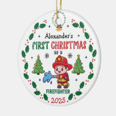 Brandweerman First Christmas Custom Name Keramisch Ornament (Links)