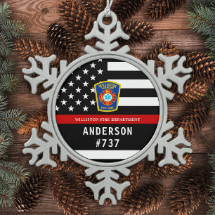 Brandweerman gepersonaliseerde Fire Logo dunne rod Tin Sneeuwvlok Ornament