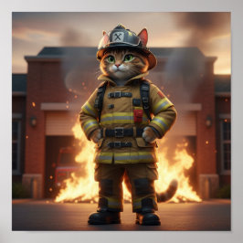 Brandweerman Kat Poster – 3D Heldenkat Muurkunst