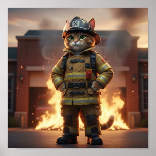 Brandweerman Kat Poster – 3D Heldenkat Muurkunst (Voorkant)