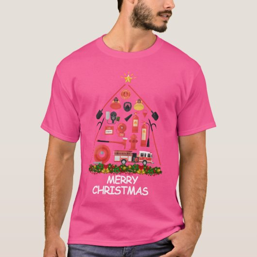Brandweerman Kerstboom Prettig kerstfeest grappig T-shirt (Voorkant)