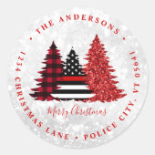 Brandweerman Kerstboom Retouradres Ronde Sticker (Voorkant)