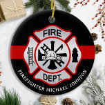 Brandweerman Maltese kruisgepersonaliseerde vuurma Keramisch Ornament<br><div class="desc">Personalized Thin Red Line Maltese Cross Firefighter Ornament - modern black red and silver design. Personalize with fire departments, firefighter name, or your text. This personalized fireghter ornament is perfect for fire departments, fire service, or as a memorial keepsake, christmas gifts or stocking stuffers. Order these firefighter ornaments bulk wholesale...</div>