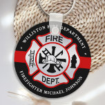 Brandweerman Maltese kruisgepersonaliseerde vuurma Sleutelhanger<br><div class="desc">Persoonlijke Thin Red Line Maltese Cross Firefighter Sleutelhanger - modern zwart rood en zilver design. Personaliseer met brandweerafdelingen, brandweernaam, of jouw tekst. Deze gepersonaliseerde sleutelhanger voor brandweerlieden, brandweer, of als gedenkteken, kerstcadeaus of boekenstaartjes. COPYRIGHT © 2020 Judy Burrows, Black Dog Art - Alle rechten voorbehouden. Brandweerman Maltese kruisgepersonaliseerde Fireman sleutelhanger...</div>