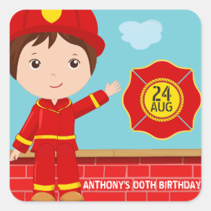 Brandweerman met de titel Birthday Party Guest Fav Vierkante Sticker