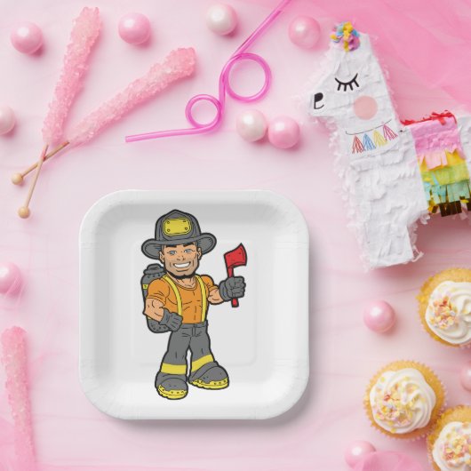 Brandweerman met een bijl papieren bordje (Feest)