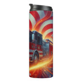 Brandweerman met vlaggen en vlammen thermosbeker (Geroteerd rechts)