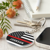 Brandweerman op maat van moderne dunne rode lijn sleutelhanger (Voorkant Rechts)